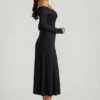 Nerissa off-shoulder A-lijn midi-jurk met vetersluiting in zwart