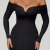 Nerissa off-shoulder A-lijn midi-jurk met vetersluiting in zwart