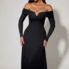 Nerissa off-shoulder A-lijn midi-jurk met vetersluiting in zwart