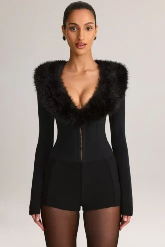 Nesta playsuit met korset en rand van imitatiebont in zwart
