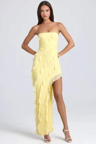 Nevali bandeau maxi-jurk met ruches in citroensorbet