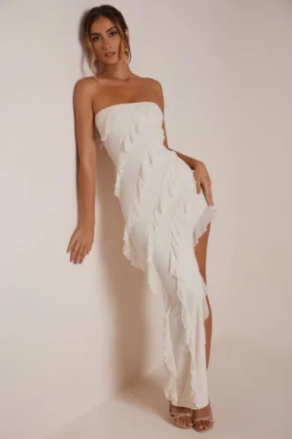 Nevali bandeau maxi-jurk met ruches in ivoor