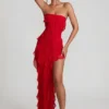 Nevali bandeau maxijurk met ruches in rood