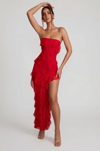 Nevali bandeau maxijurk met ruches in rood