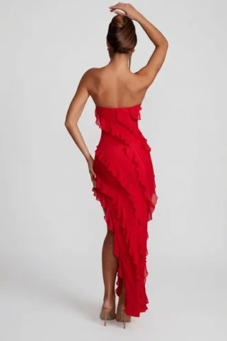 Nevali bandeau maxijurk met ruches in rood