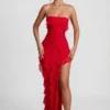Nevali bandeau maxijurk met ruches in rood