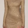Nevina versierde asymmetrische bodycon-minijurk in goud