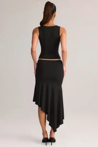 Niva modale asymmetrische midi-rok met lage taille in zwart