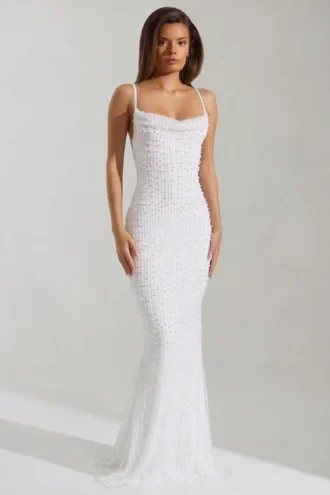 Nivalis versierde maxi-jurk met cowl-hals en open rug in wit