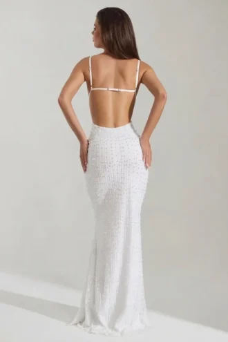 Nivalis versierde maxi-jurk met cowl-hals en open rug in wit