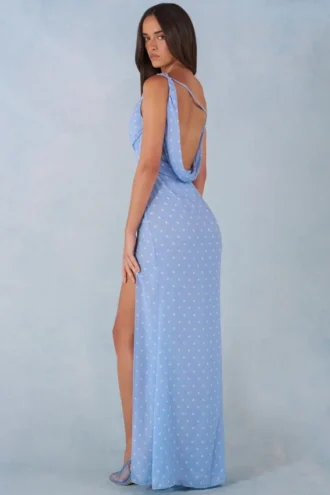 Nivara maxi-jurk met één schouder in blauw met stippenprint