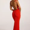 Noelia maxi-jurk met open rug van gestructureerde jersey in vurig rood