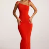 Noelia maxi-jurk met open rug van gestructureerde jersey in vurig rood