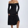 Noelle modale off-shoulder gerimpelde midi-jurk in zwart