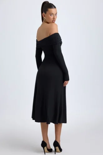 Noelle modale off-shoulder gerimpelde midi-jurk in zwart