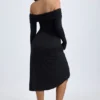 Noelle modale off-shoulder gerimpelde midi-jurk in zwart
