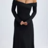 Noelle modale off-shoulder gerimpelde midi-jurk in zwart