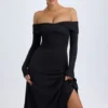 Noelle modale off-shoulder gerimpelde midi-jurk in zwart