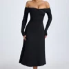 Noelle modale off-shoulder gerimpelde midi-jurk in zwart