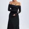 Noelle modale off-shoulder gerimpelde midi-jurk in zwart