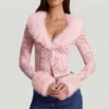 Noemy doorschijnend kanten vest met rand van imitatiebont in roze