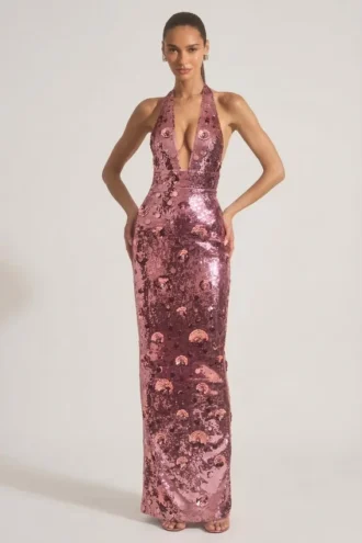 Nolira maxi-jurk met pailletten en halternek in roze