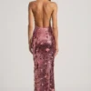 Nolira maxi-jurk met pailletten en halternek in roze
