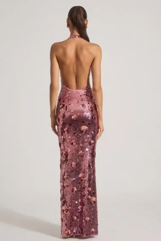 Nolira maxi-jurk met pailletten en halternek in roze