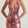 Nolira maxi-jurk met pailletten en halternek in roze
