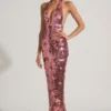 Nolira maxi-jurk met pailletten en halternek in roze