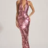 Nolira maxi-jurk met pailletten en halternek in roze