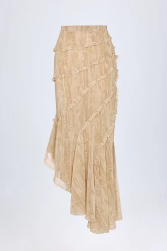Novina asymmetrische maxi-rok met ruches en middelhoge taille in tan print