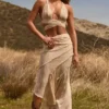 Novina asymmetrische maxi-rok met ruches en middelhoge taille in tan print