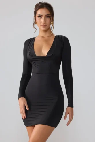Oakley Slinky Jersey minijurk met lange mouwen en diep decolleté in zwart