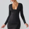 Oakley Slinky Jersey minijurk met lange mouwen en diep decolleté in zwart