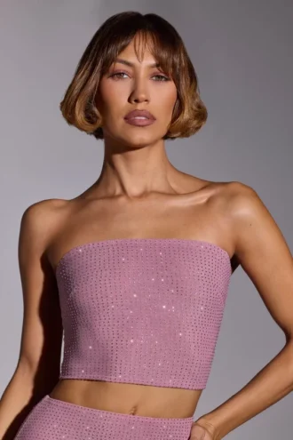 Odetta versierde strapless crop top in lichtroze