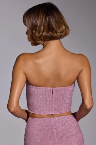 Odetta versierde strapless crop top in lichtroze