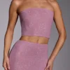 Odetta versierde strapless crop top in lichtroze