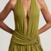 Oliana asymmetrische halternek maxi-jurk in olijfgroen