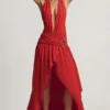 Oliana asymmetrische maxi-jurk met halternek in Chili-rood