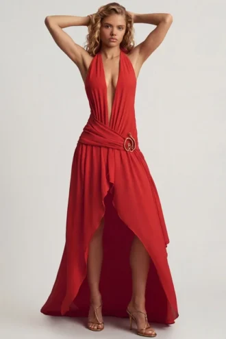 Oliana asymmetrische maxi-jurk met halternek in Chili-rood