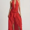 Oliana asymmetrische maxi-jurk met halternek in Chili-rood