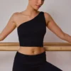 One-shoulder gedraaide tanktop in zwart