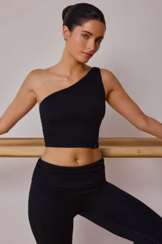 One-shoulder gedraaide tanktop in zwart