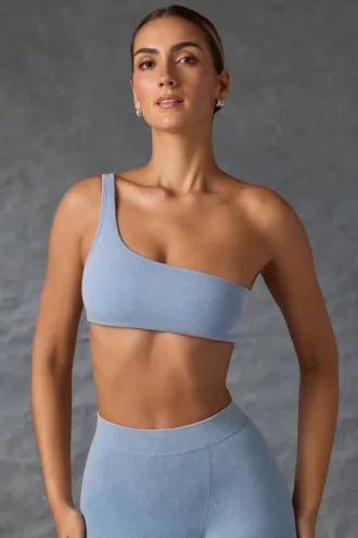 One-shoulder sportbeha in gewassen blauw