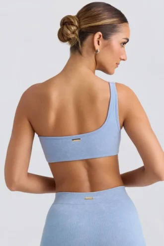 One-shoulder sportbeha in gewassen blauw