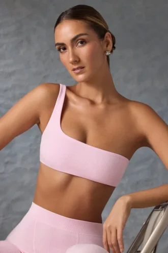 One-shoulder sportbeha in gewassen ijspink