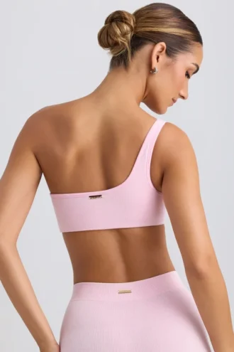 One-shoulder sportbeha in gewassen ijspink