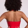 Ophelia vinyl halternek korset crop top met vetersluiting in vuurrood