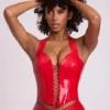 Ophelia vinyl halternek korset crop top met vetersluiting in vuurrood